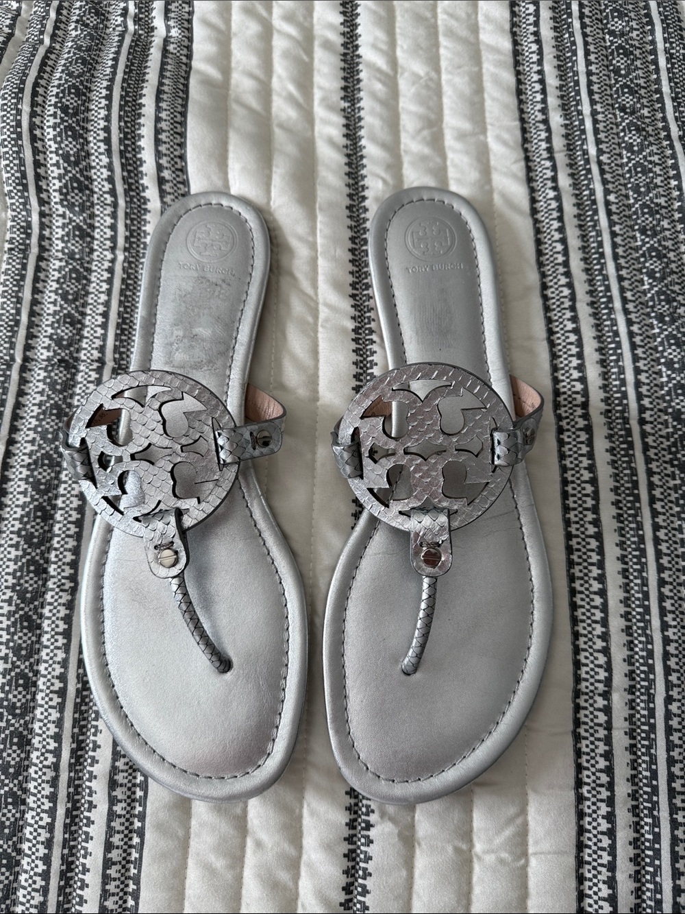 Rare Find! Size 13M Tory Burch Metallic Silver Logo Thong Sandals